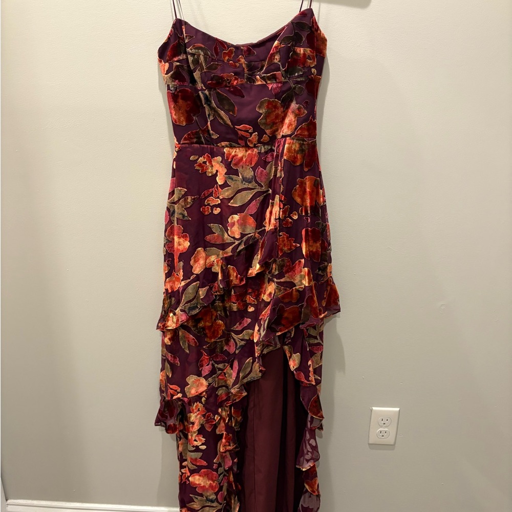 Amanda Uprichard Red and Orange Asymmetrical Ruffled Maxi Dress